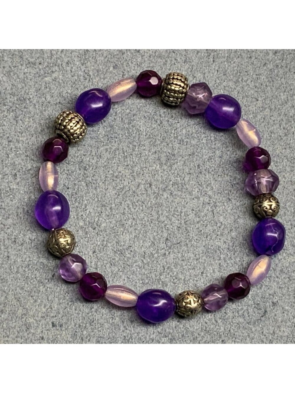 Beaded Stretch Bracelet 8 In Purple Silver Detailed Metallic Anklet Ankle Retro